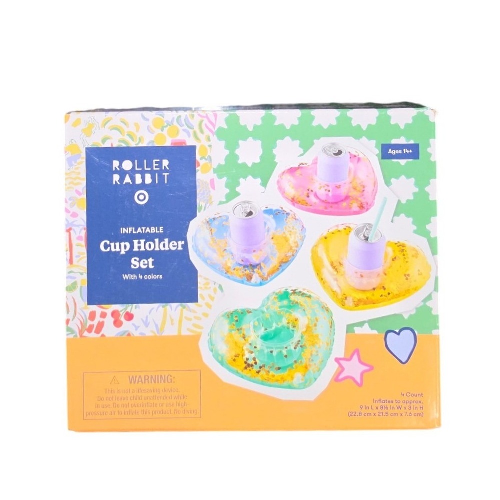 Roller Rabbit Target Inflatable Cup Holder Set 4 Count Heart Glitter Pool Floats